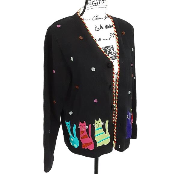 Vintage 90s Cat Cardigan Sweater Black Button Up Embroidered Women L Art to Wear - Picture 2 of 11